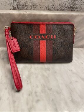 Sharp Coach Brown and Red Signature Wristlet with Red Stripe and Red Strap